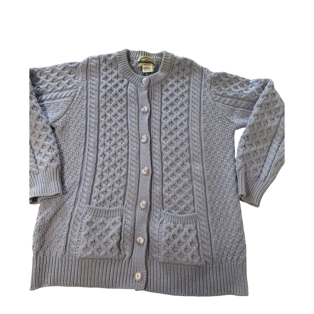 Aran Crafts Ireland 100% Merino Wool Cable Knit Cardigan Blue Large L Pockets